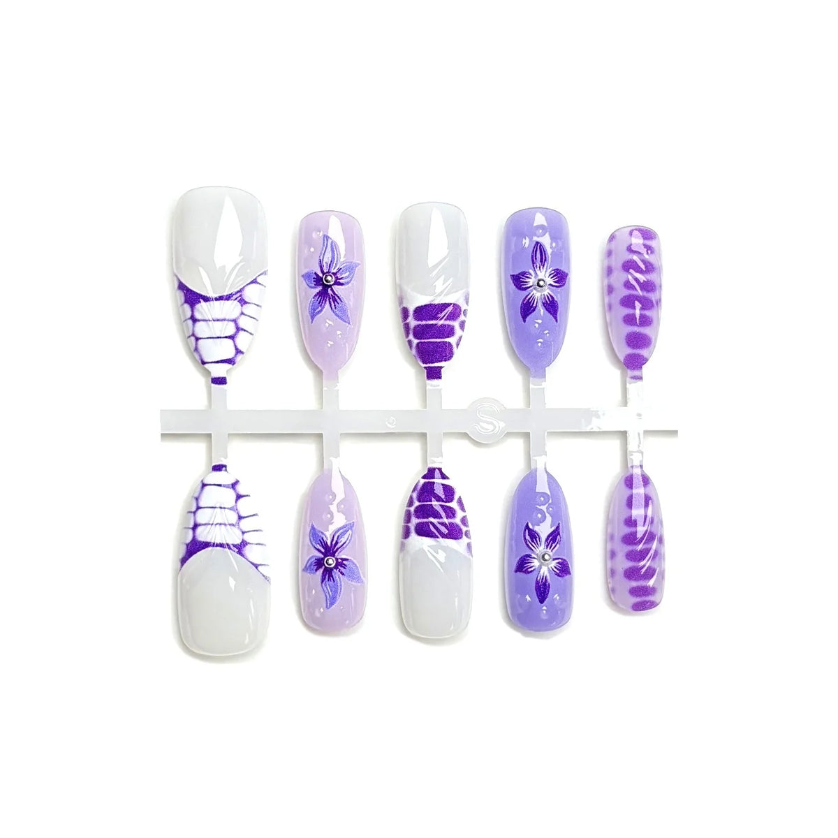 Press-On Nail Set Purple Floral Peel-On & Reusable