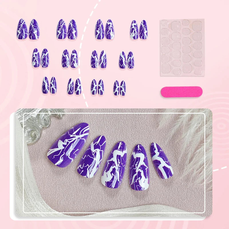 Press-On Nail Set Purple Lightning Bolt Multiple Sizes