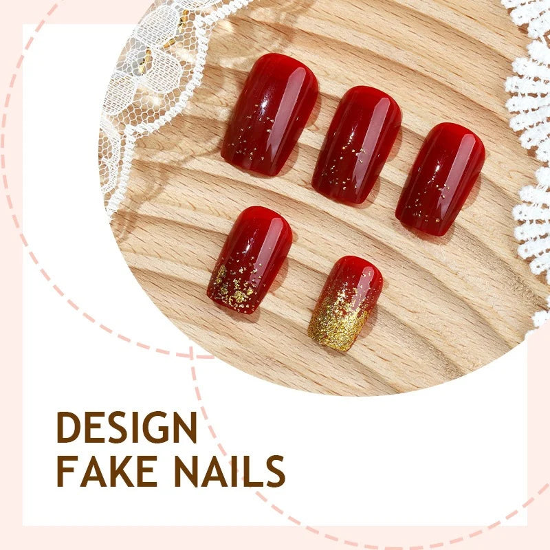 Press-On Nail Set Red Glitter Self-Adhesive Multiple Sizes