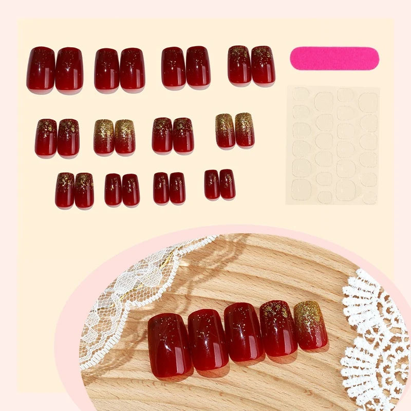 Press-On Nail Set Red Glitter Self-Adhesive Multiple Sizes
