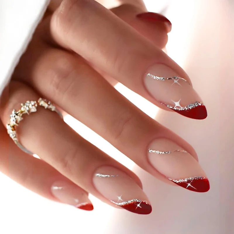 Press-On Nail Set Red Gradient Glitter Kit & Glue