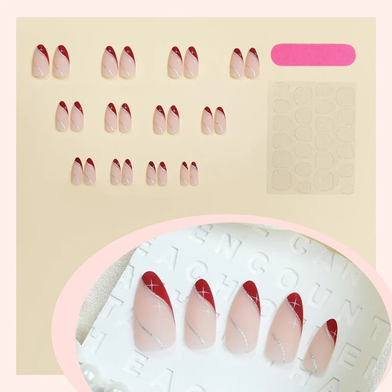 Press-On Nail Set Red Gradient Glitter Kit & Glue