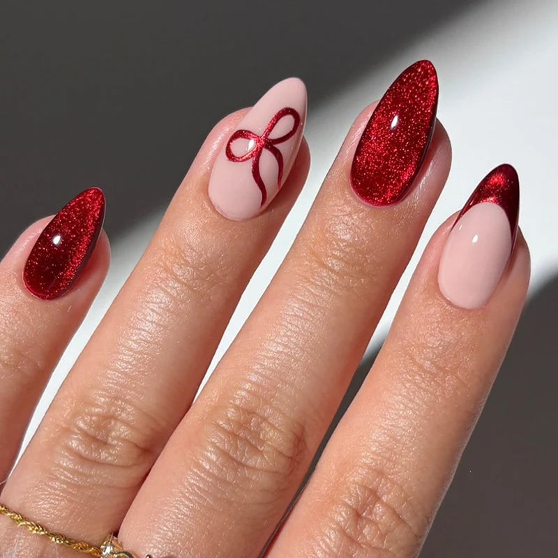 Press-On Nail Set Red & Rose Designs Glue Included