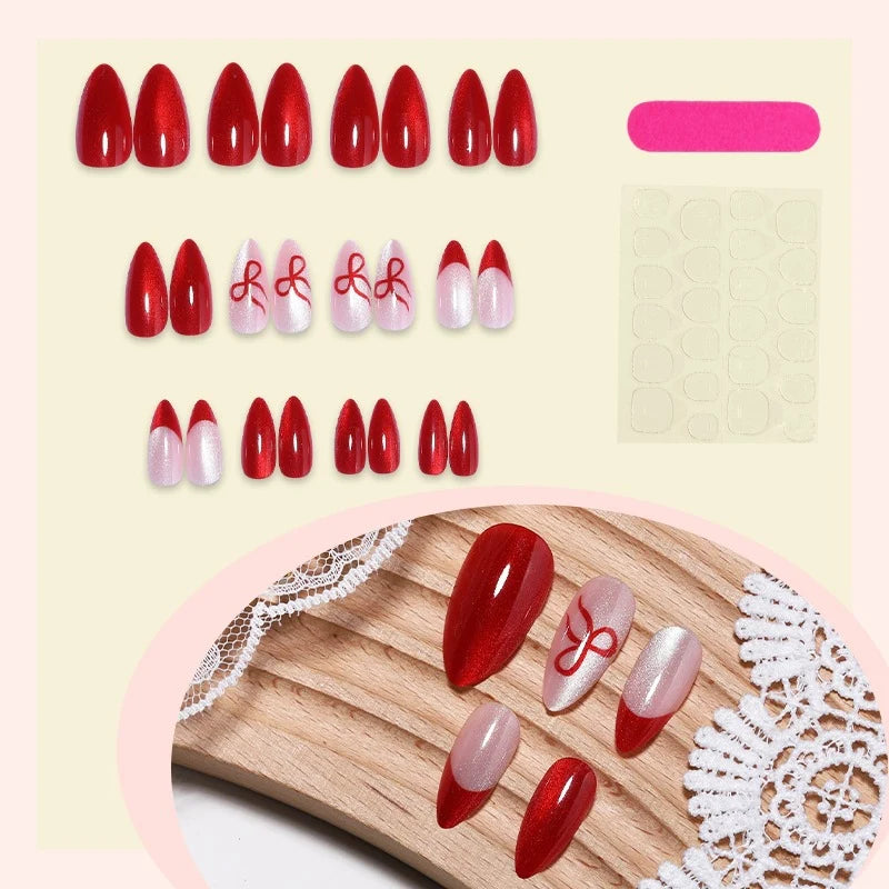 Press-On Nail Set Red & Rose Designs Glue Included