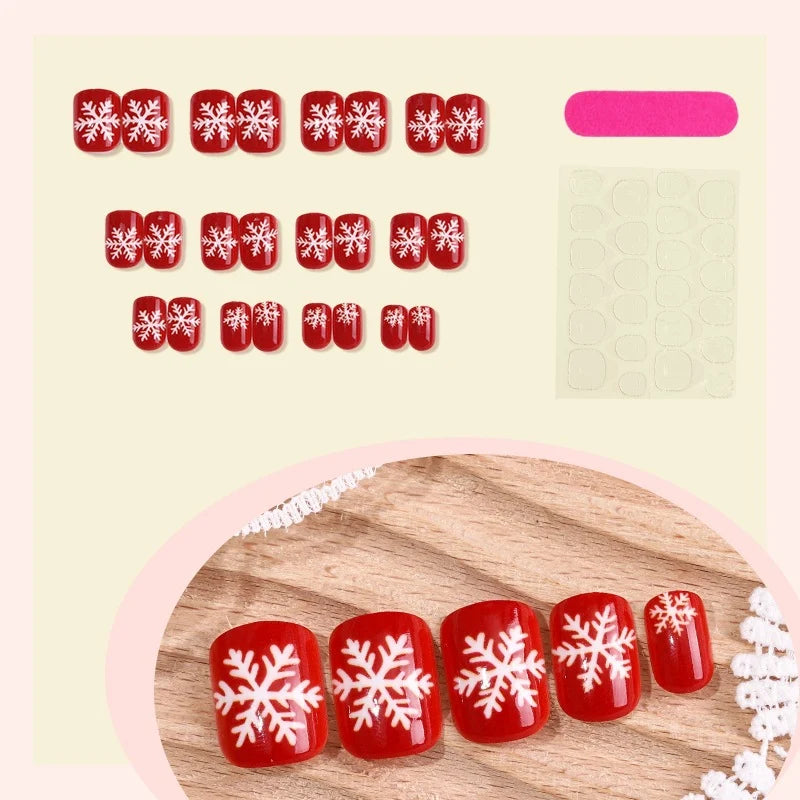 Press-On Nail Set Red Snowflake 24-Piece Glue & Template