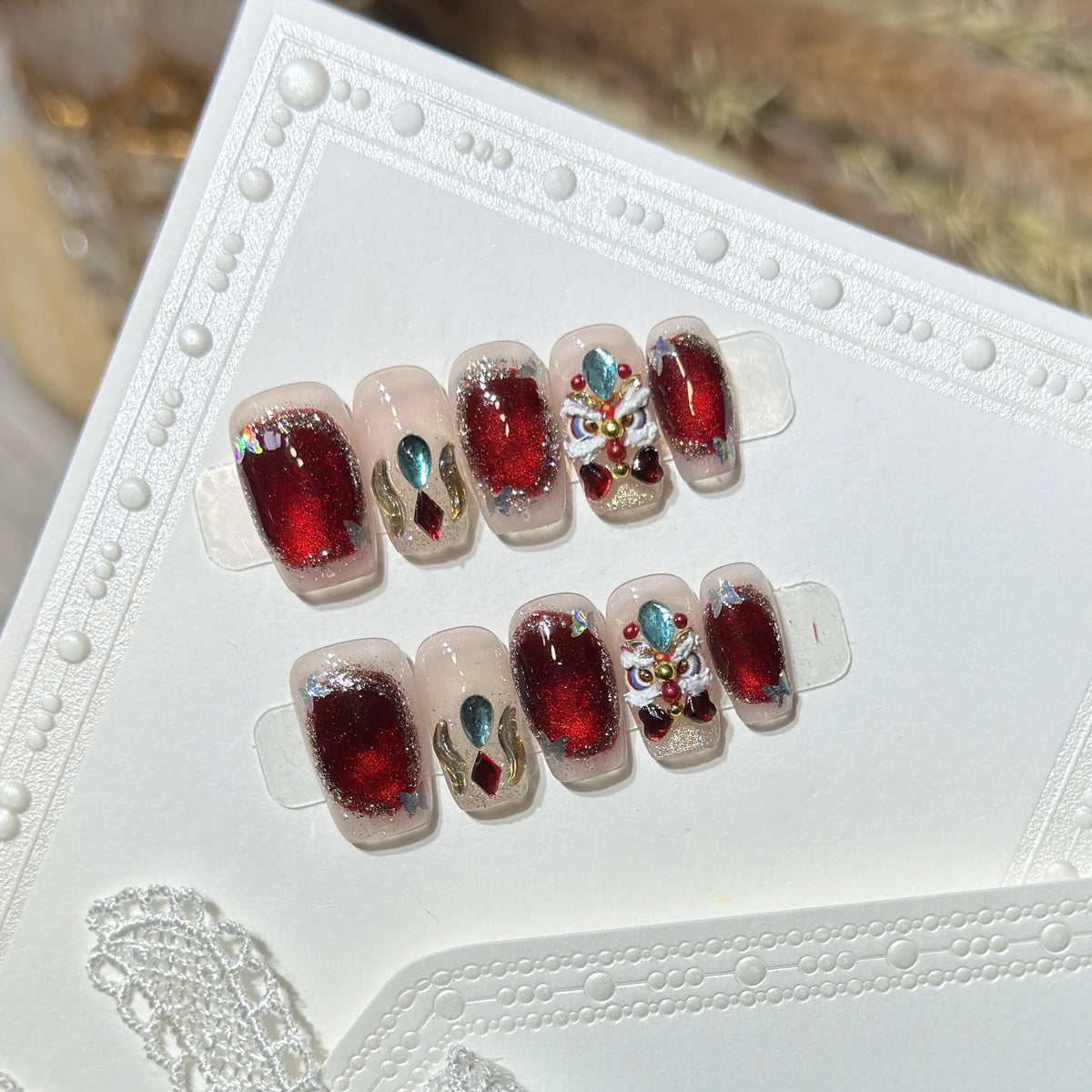 Press-On Nail Set Red Sparkle Gel Reusable