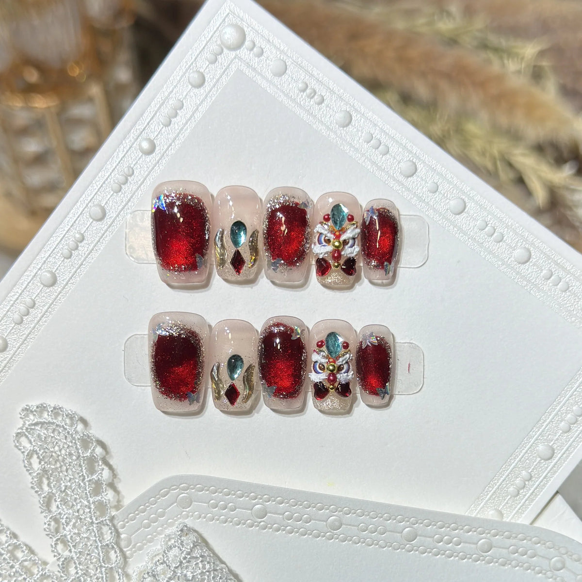 Press-On Nail Set Red Sparkle Gel Reusable
