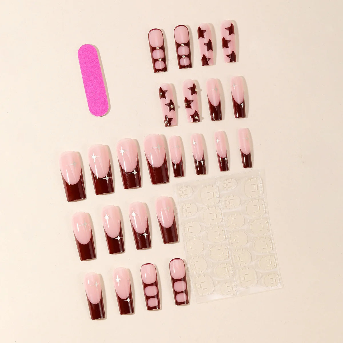 Press-On Nail Set Red Star & Gem Embellished