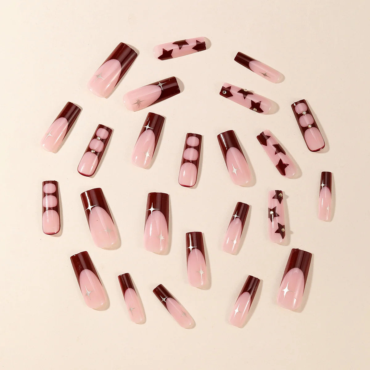 Press-On Nail Set Red Star & Gem Embellished