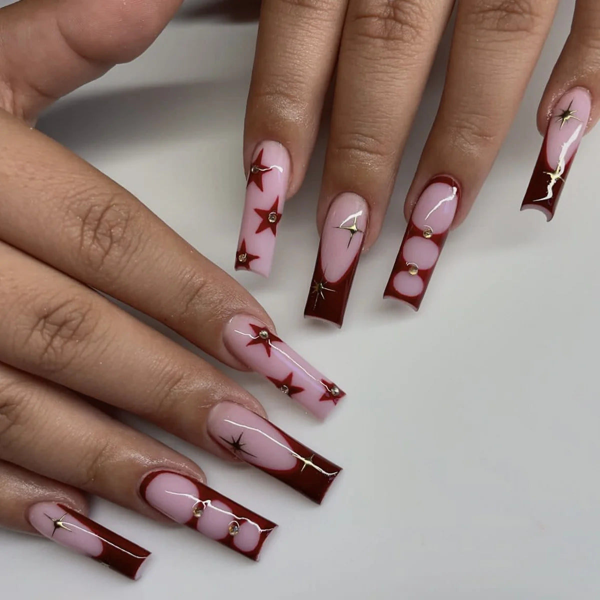 Press-On Nail Set Red Star & Gem Embellished