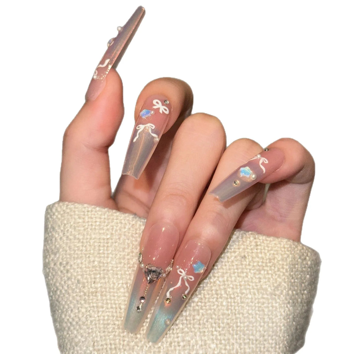Press-On Nail Set Resin Glue-Free Bows & Sparkle