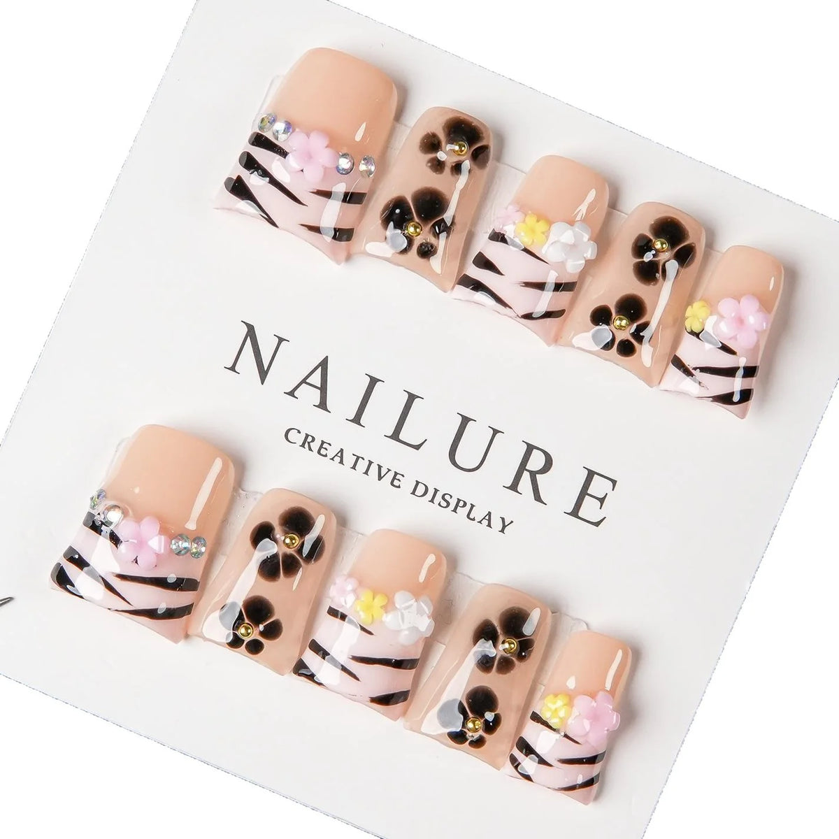 Press-On Nail Set Reusable Adhesive Floral & Stripe