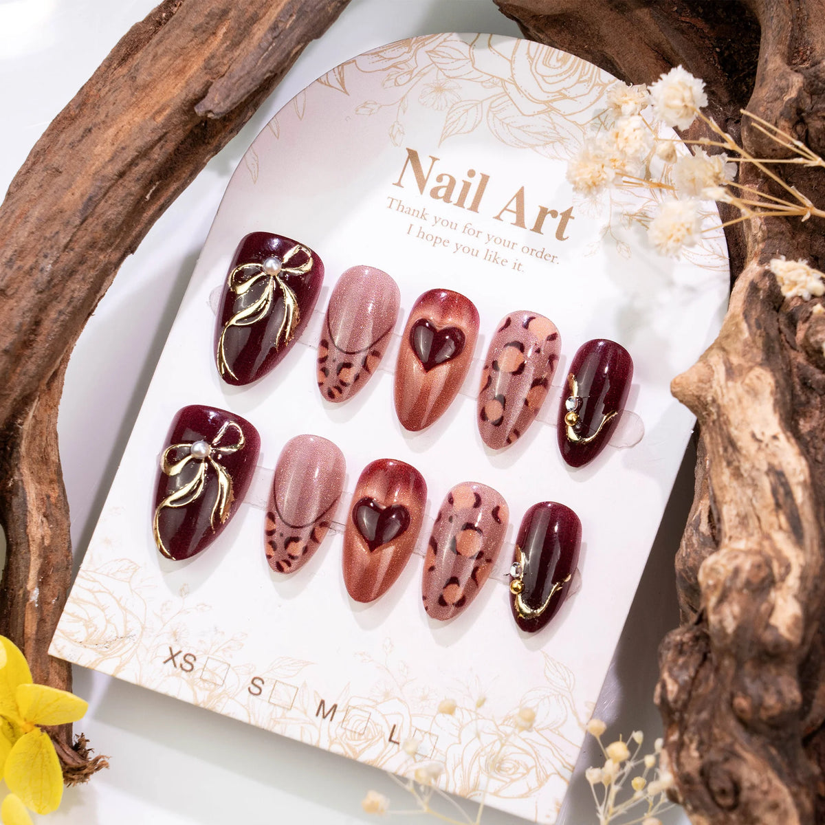 Press-On Nail Set Reusable Burgundy Bow & Heart Embellishments