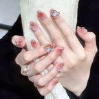 Press-On Nail Set Reusable Floral & Butterfly Pearl Accents