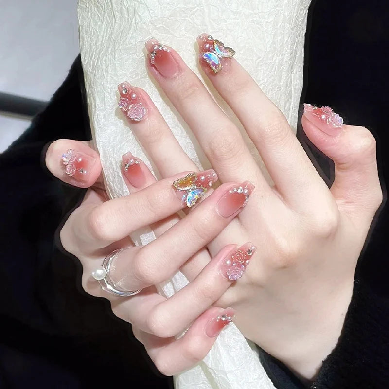 Press-On Nail Set Reusable Floral & Butterfly Pearl Accents