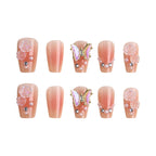 Press-On Nail Set Reusable Floral & Butterfly Pearl Accents