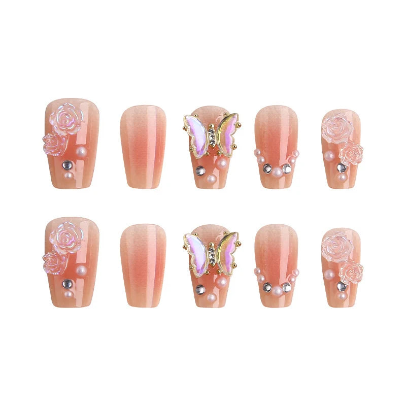 Press-On Nail Set Reusable Floral & Butterfly Pearl Accents