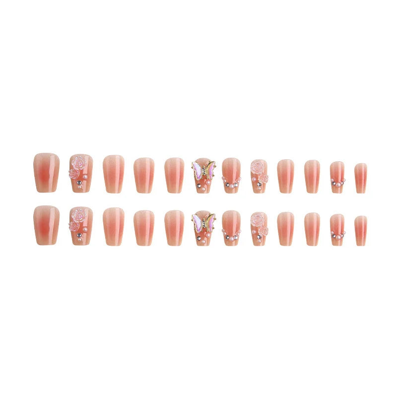 Press-On Nail Set Reusable Floral & Butterfly Pearl Accents