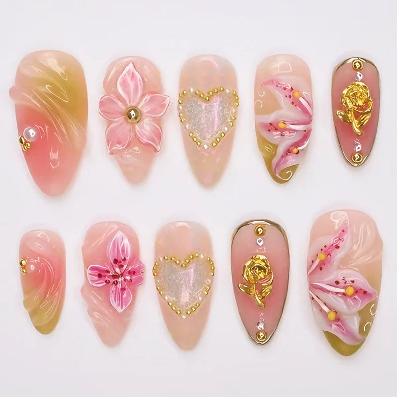 Press-On Nail Set Reusable Floral Design & Sparkling Accents