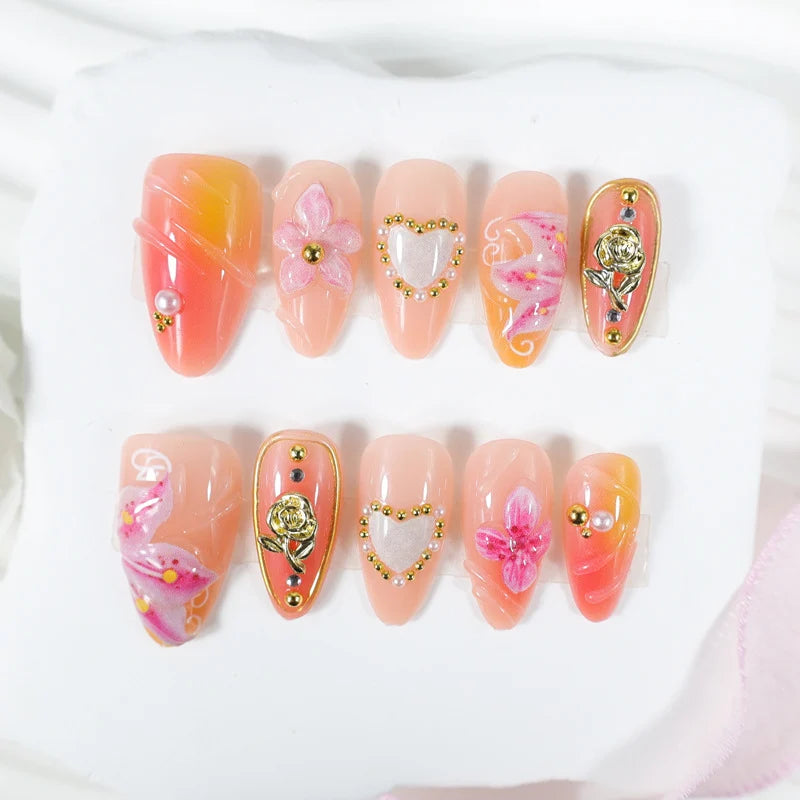 Press-On Nail Set Reusable Floral Design & Sparkling Accents