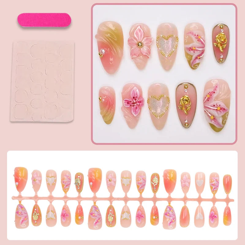 Press-On Nail Set Reusable Floral Design & Sparkling Accents