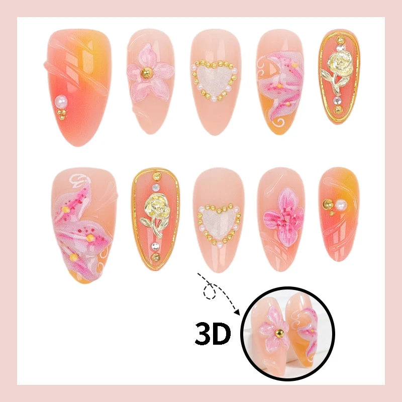 Press-On Nail Set Reusable Floral Design & Sparkling Accents