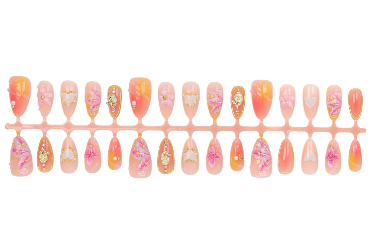 Press-On Nail Set Reusable Floral Design & Sparkling Accents