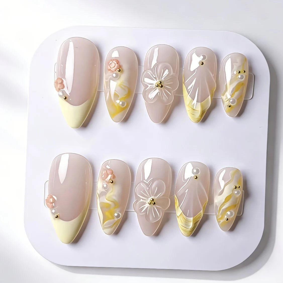 Press-On Nail Set Reusable Floral & Gem Accents