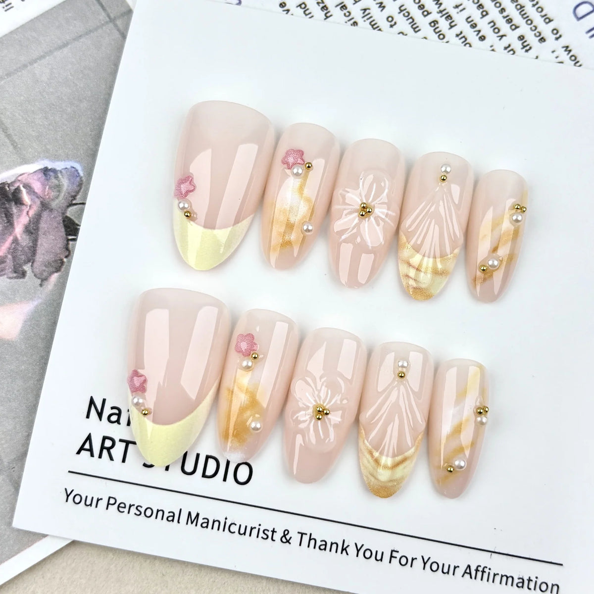 Press-On Nail Set Reusable Floral & Gem Accents