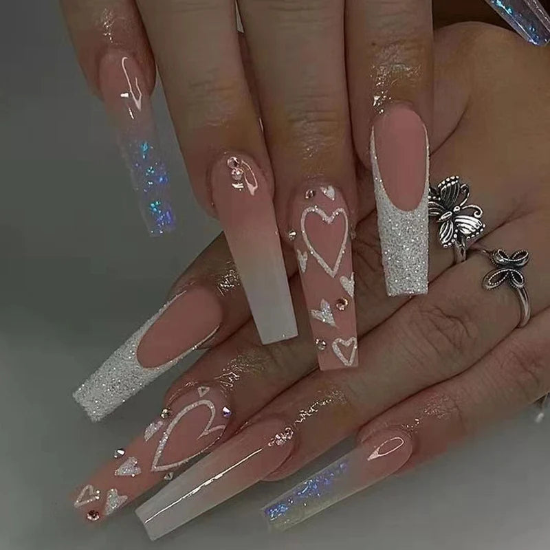 Press-On Nail Set Reusable Heart Motifs & Gems