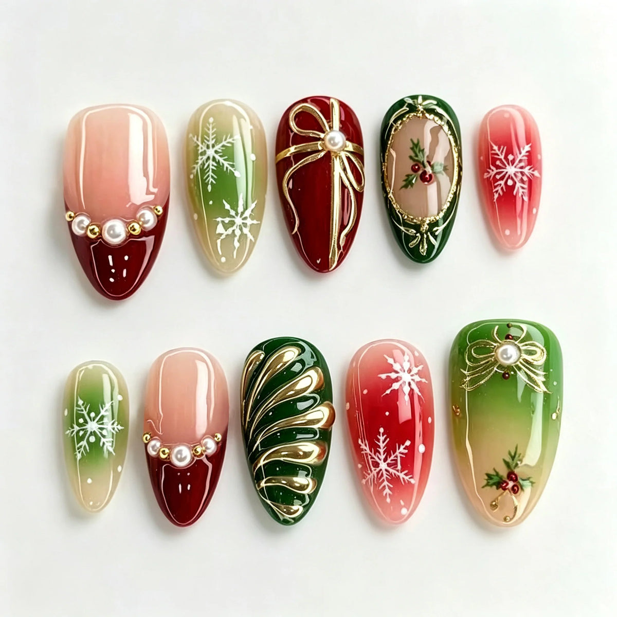 Press-On Nail Set Reusable Holiday Snowflake & Pearl