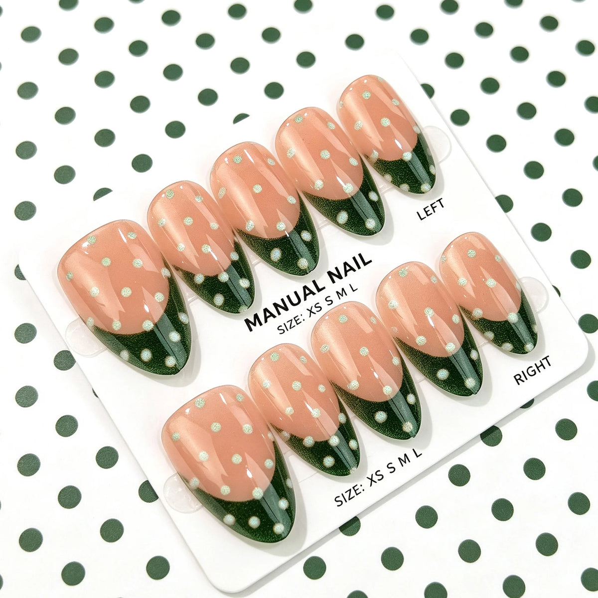Press-On Nail Set Reusable Peach & Green Polka Dot