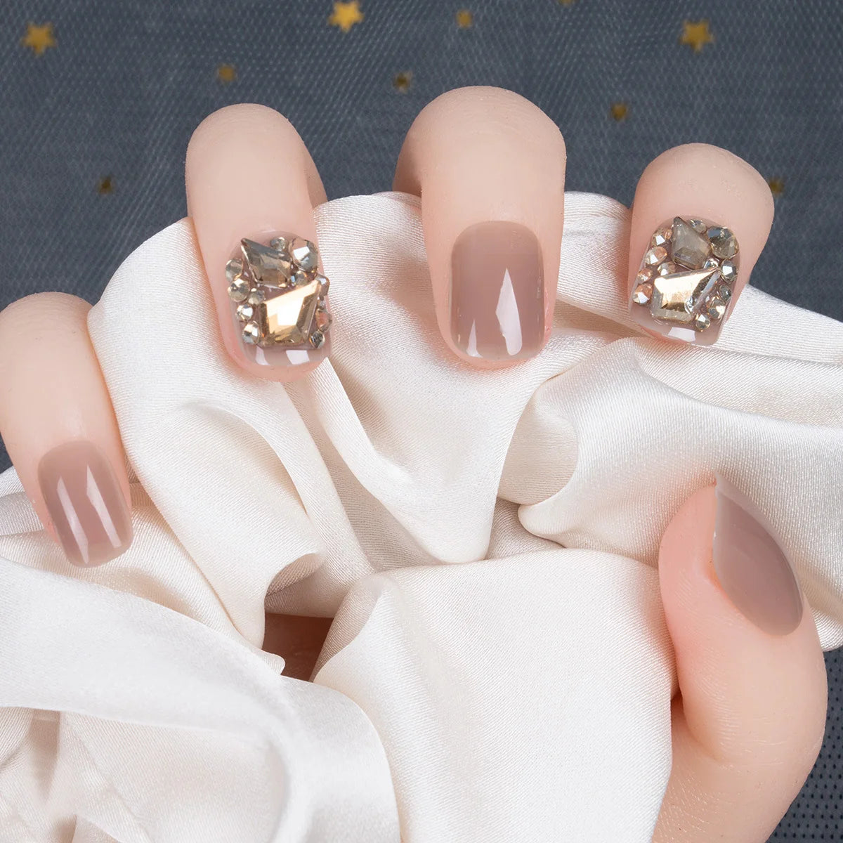 Press-On Nail Set Reusable Rhinestone Nude Multiple Sizes