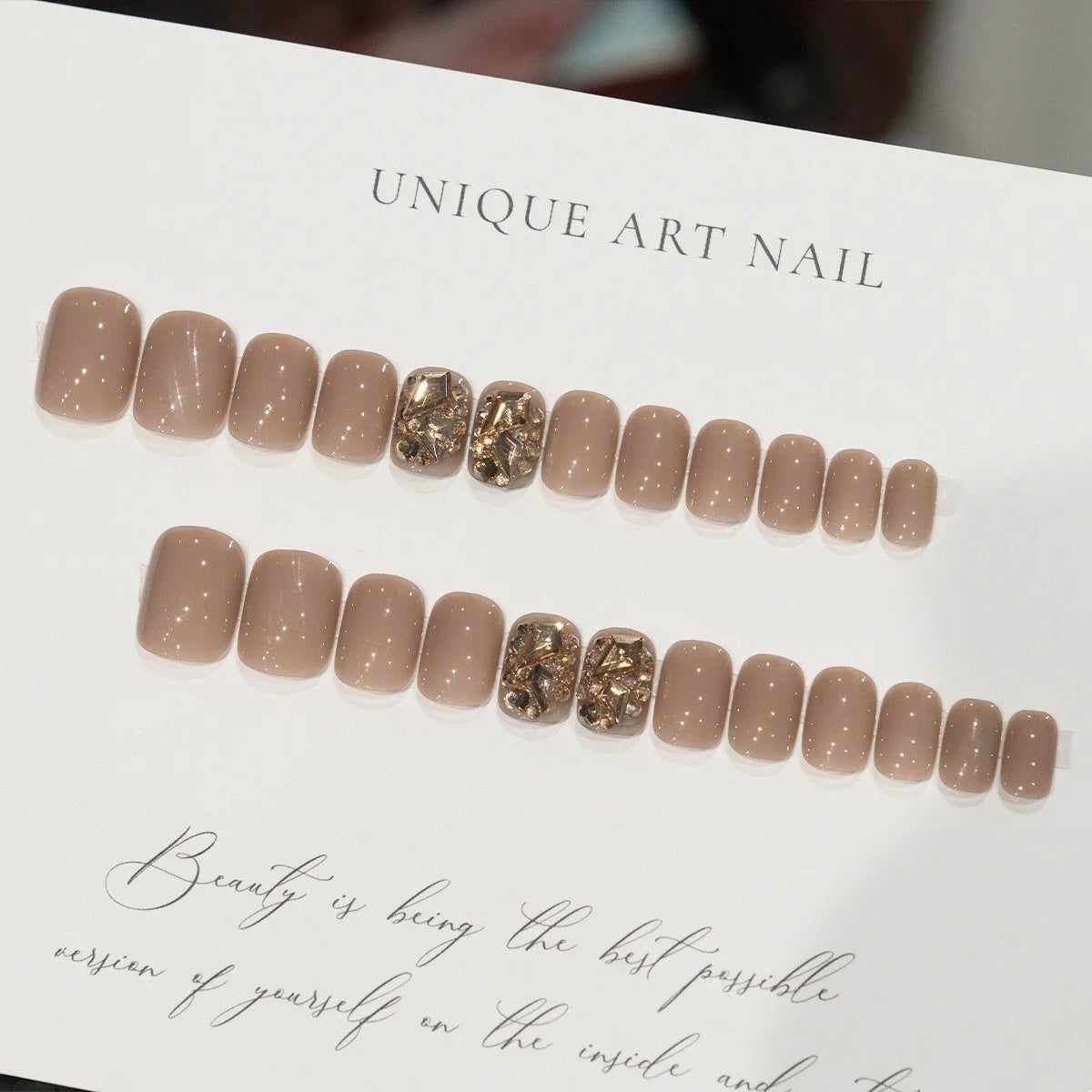 Press-On Nail Set Reusable Rhinestone Nude Multiple Sizes