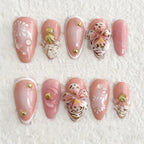 Press-On Nail Set Reusable Shell & Floral Gold Accents