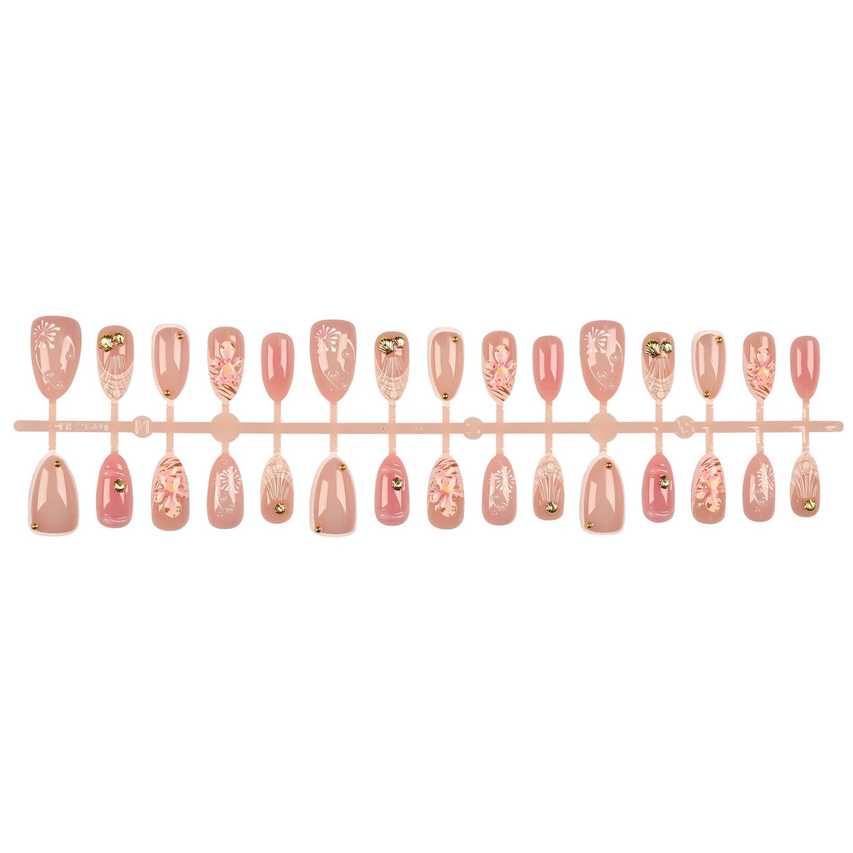 Press-On Nail Set Reusable Shell & Floral Gold Accents