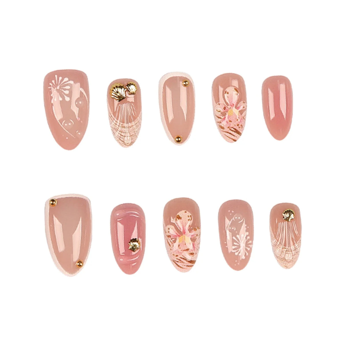 Press-On Nail Set Reusable Shell & Floral Gold Accents