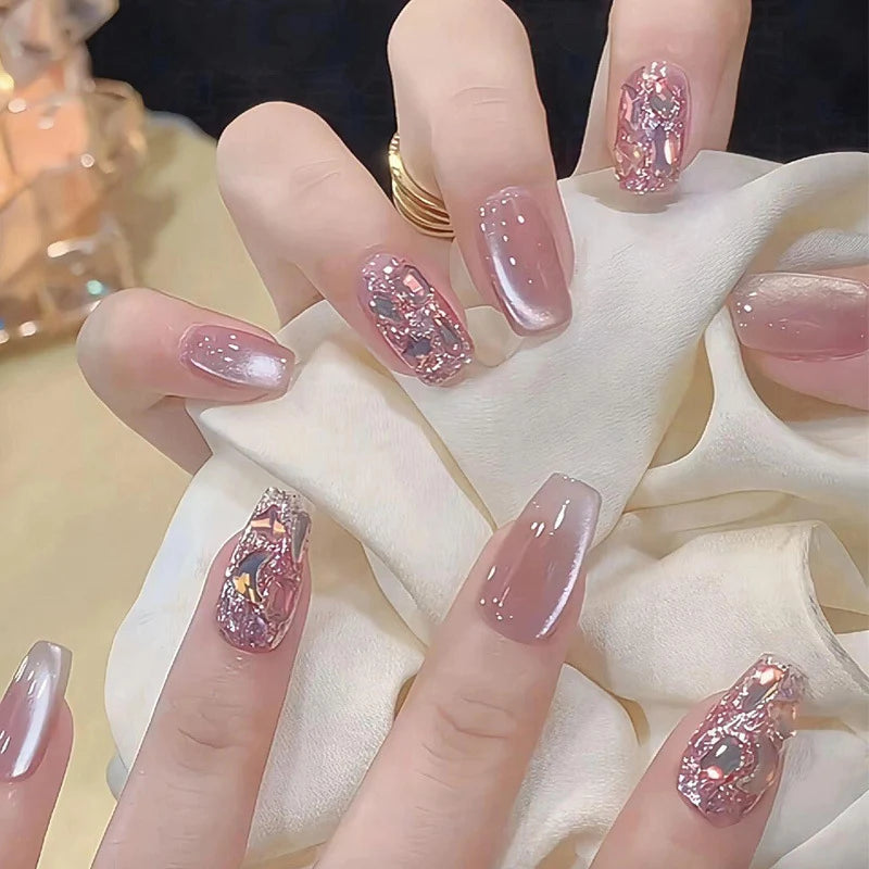 Press-On Nail Set Rhinestone Accents & Easy Application