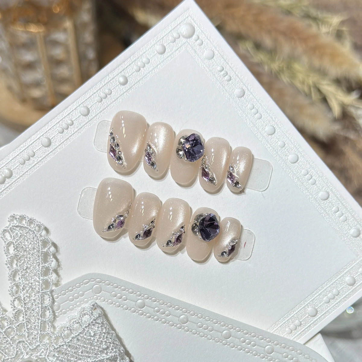 Press-On Nail Set Rhinestone Accents Gel Finish & Reusable