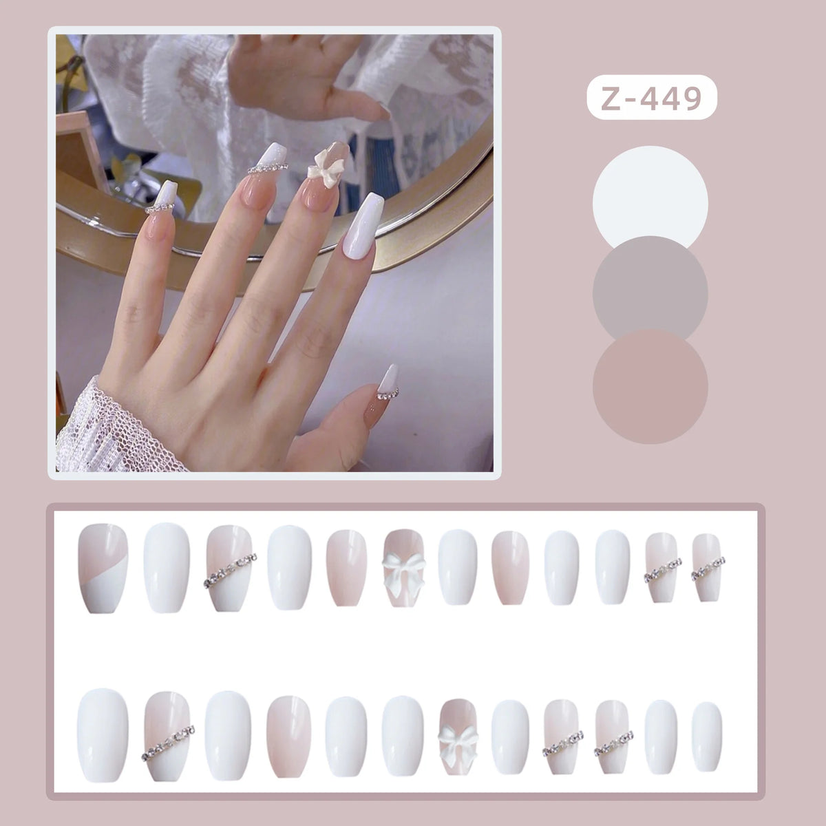 Press-On Nail Set Rhinestone Accents Glue-On & Reusable