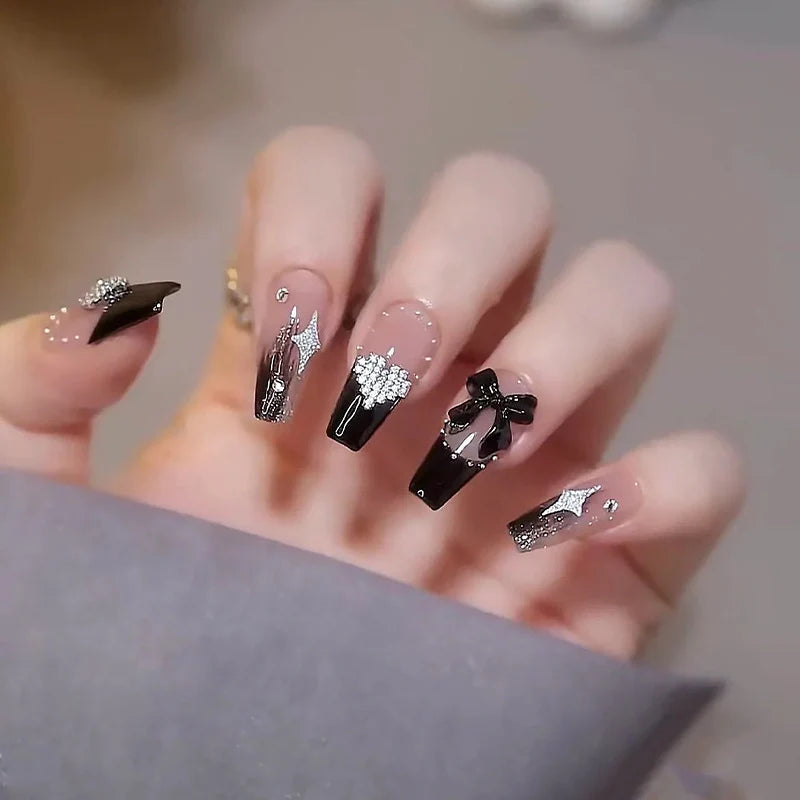 Press-On Nail Set Rhinestone & Bow Accents Reusable