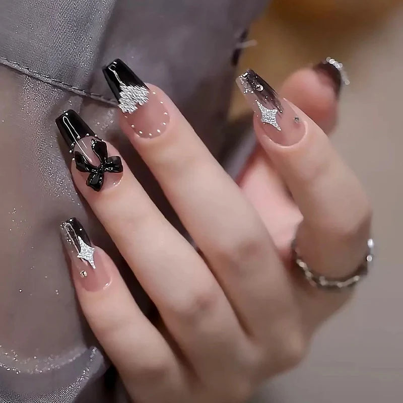 Press-On Nail Set Rhinestone & Bow Accents Reusable
