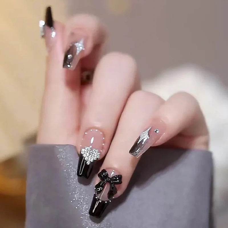 Press-On Nail Set Rhinestone & Bow Accents Reusable