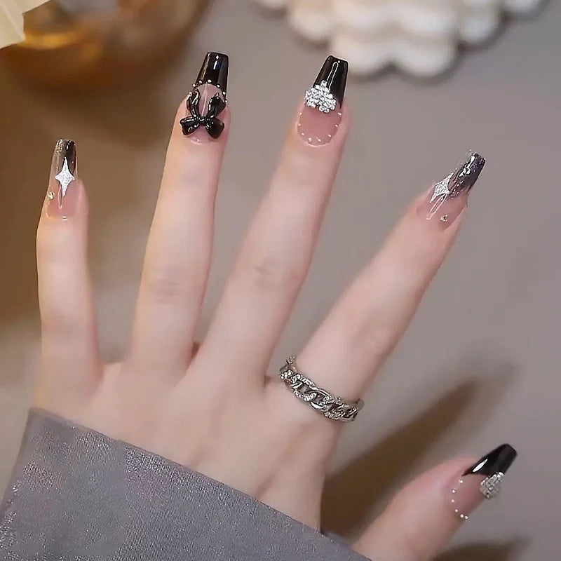 Press-On Nail Set Rhinestone & Bow Accents Reusable