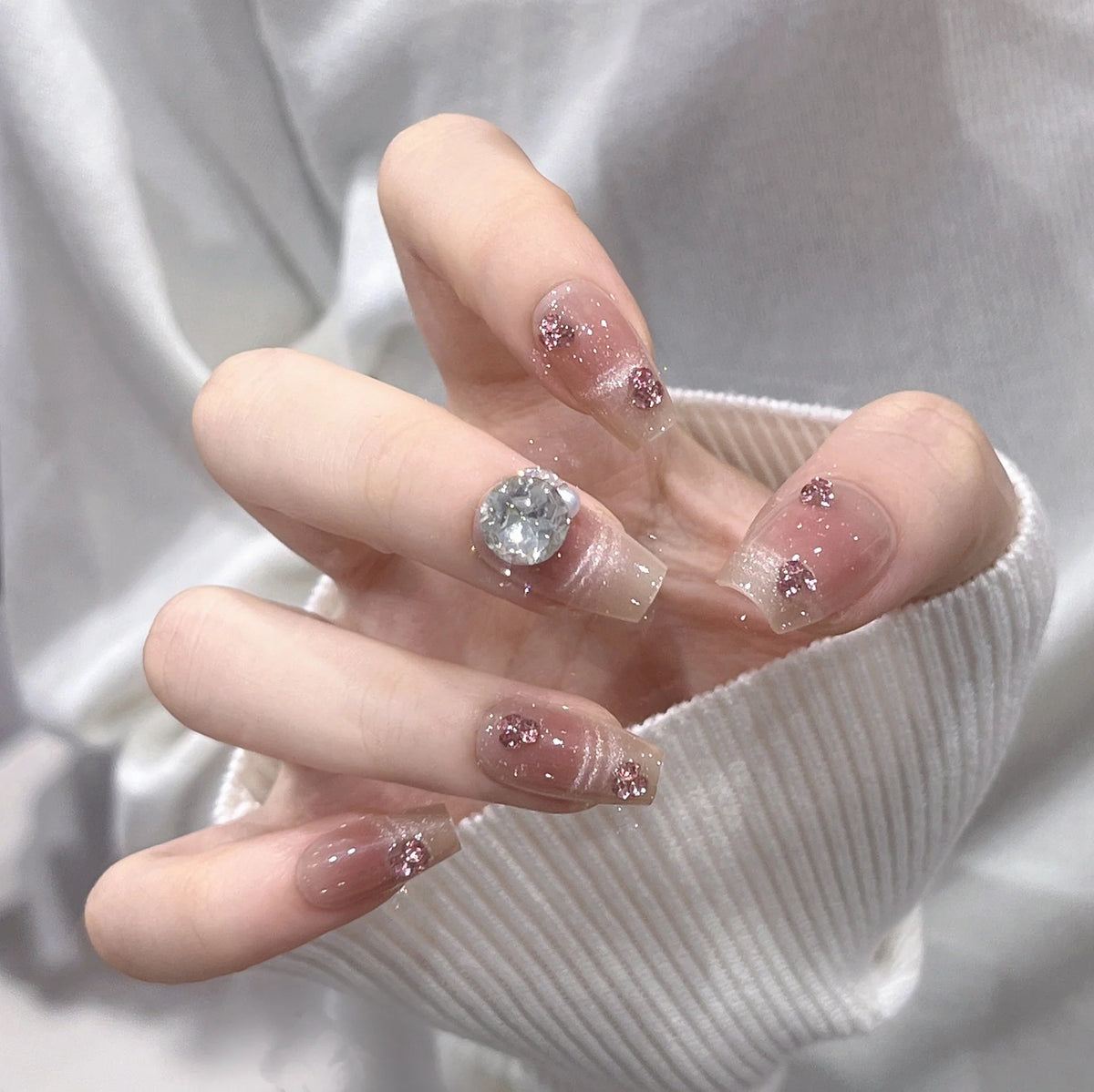 Press-On Nail Set Rhinestone Embellished Glossy Reusable