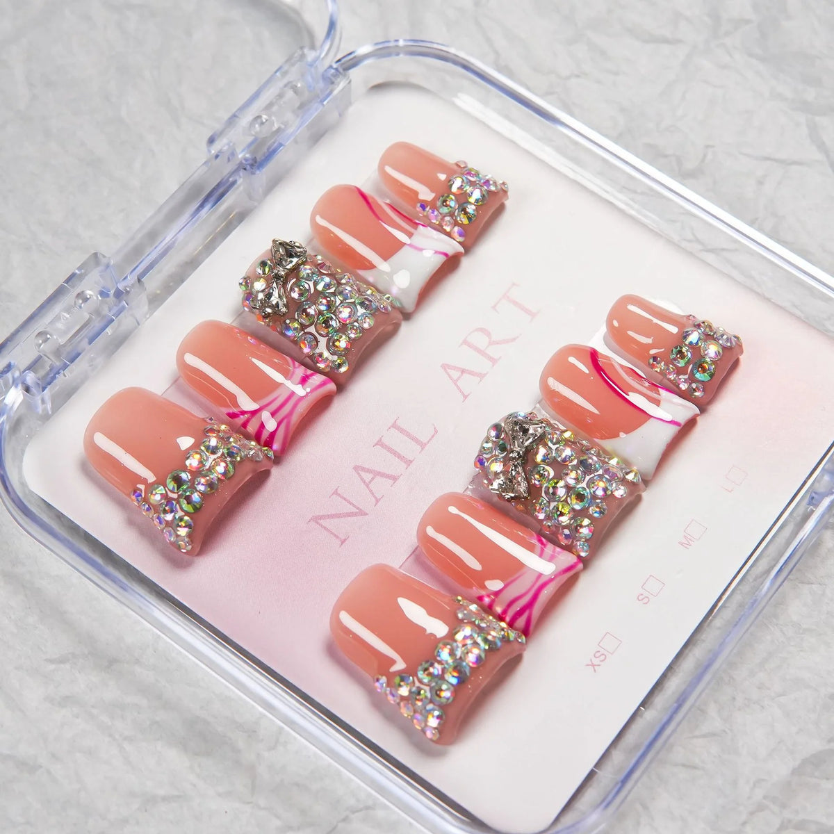 Press-On Nail Set Rhinestone & Marble Reusable Multiple Sizes