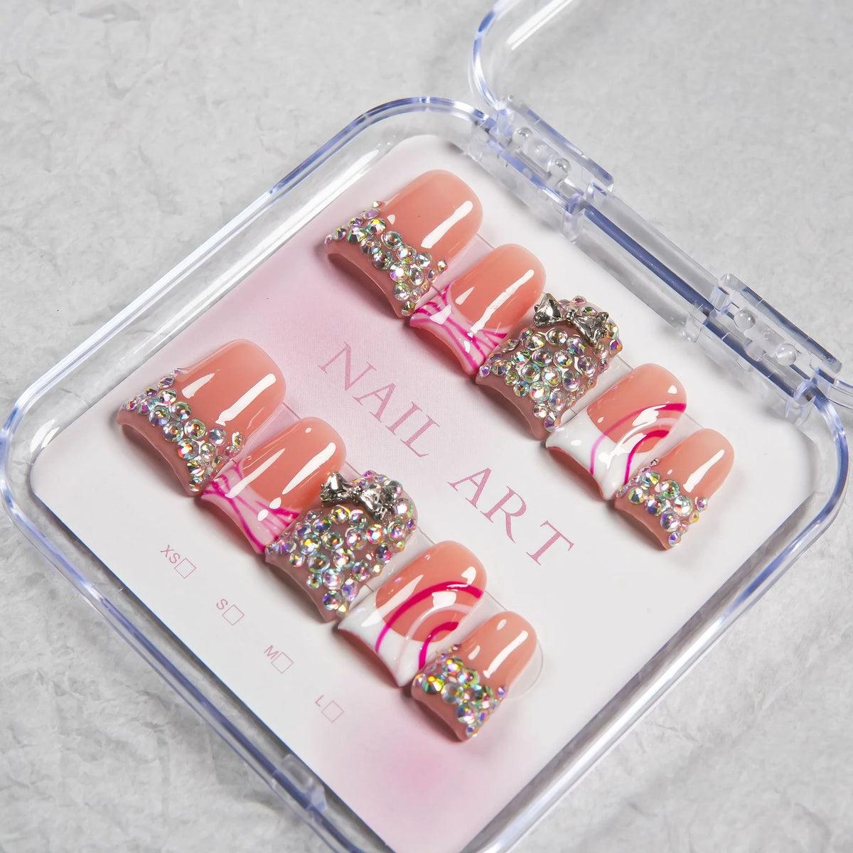 Press-On Nail Set Rhinestone & Marble Reusable Multiple Sizes