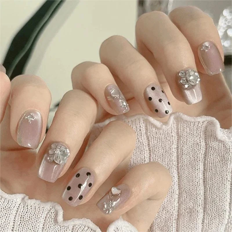Press-On Nail Set Rhinestone & Metallic No Glue