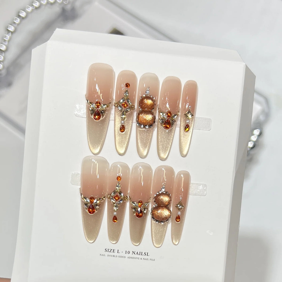 Press-On Nail Set Rhinestone Stiletto Includes Adhesive