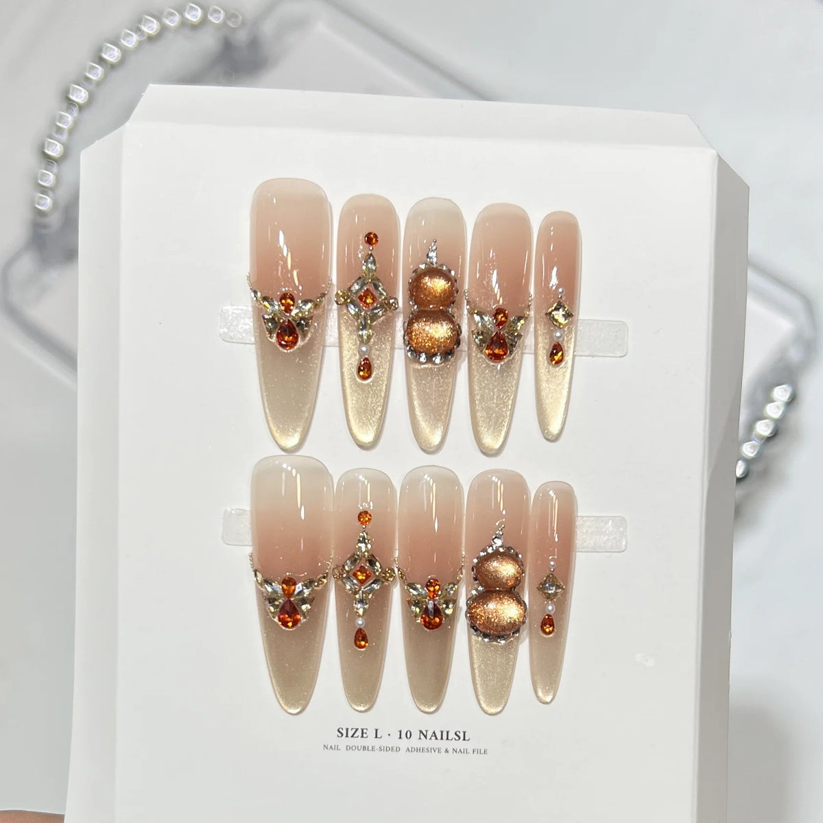 Press-On Nail Set Rhinestone Stiletto Includes Adhesive